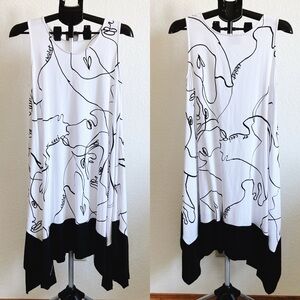 Chalet et Cici Lagenlook Midi Dress Hankerchief Asymetrical Hemline Line Art